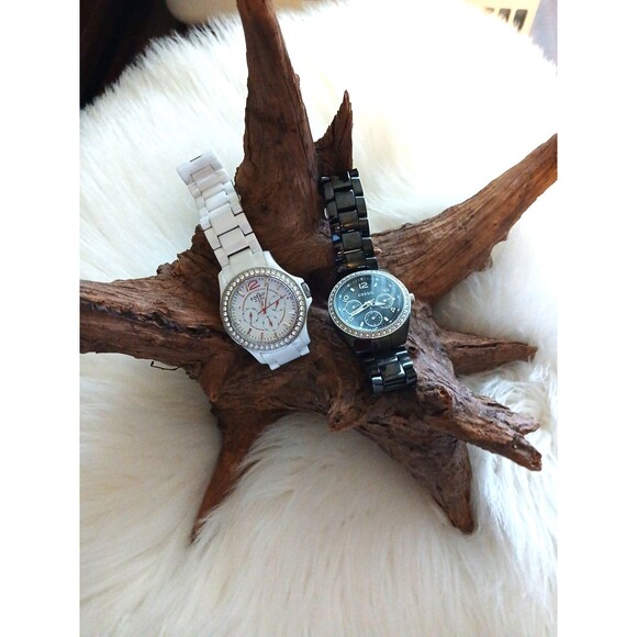 FOSSIL Women's Stainless Steel Rhinestone Face Lot of 2 Watches White/Black - Picture 2 of 8